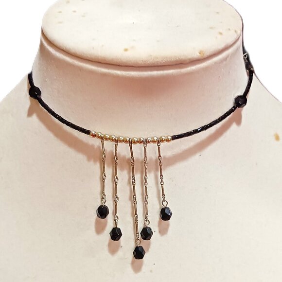 Hand Crafted Jewelry - Handmade Black and Silver Beaded Fringe Choker Memory Wire Necklace